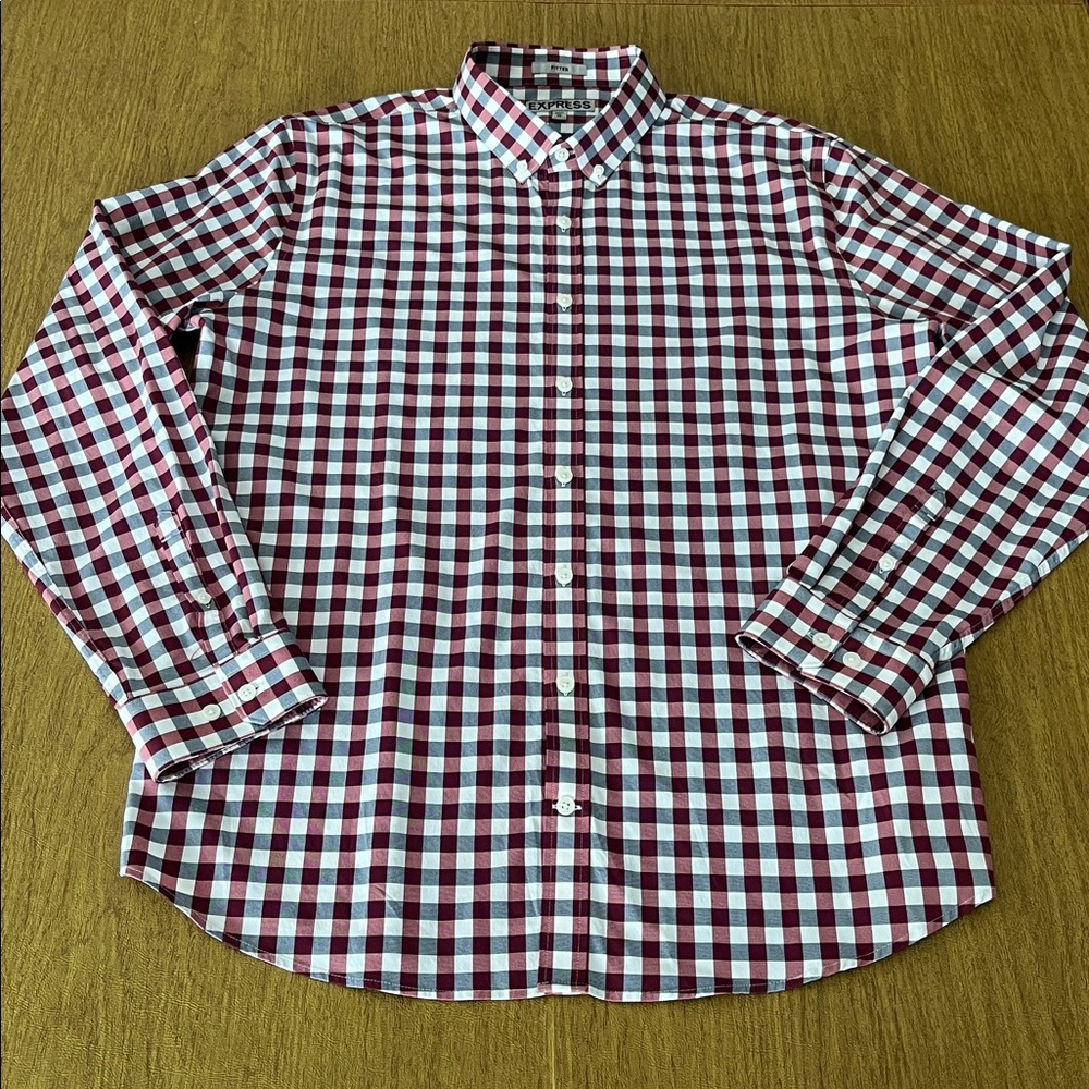 Express Men’s Fitted Wine, White & Blue Plaid Dress Shirt, Sz XL  17-17.5”
